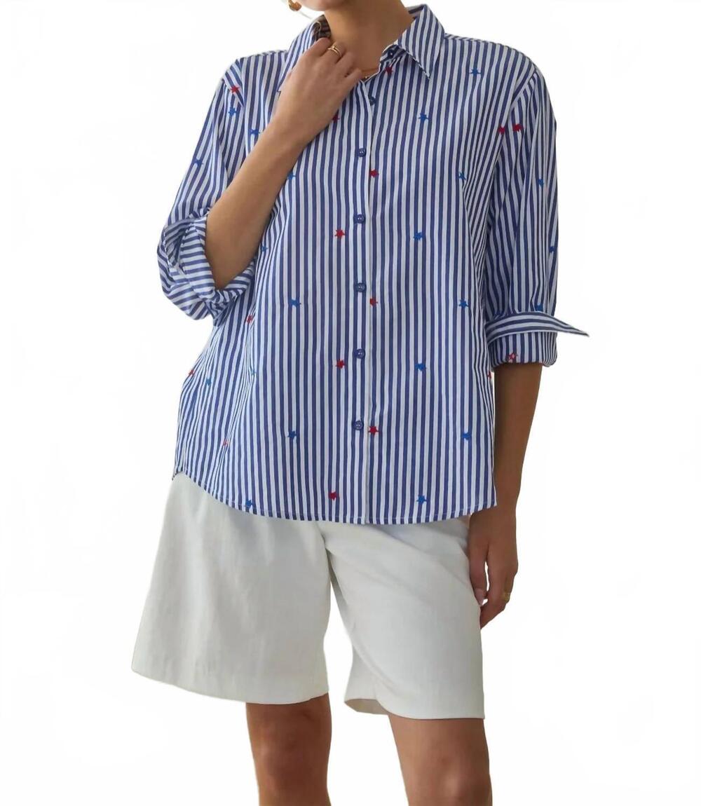 NEW SKIES ARE BLUE patriotic striped shirt with stars in blue